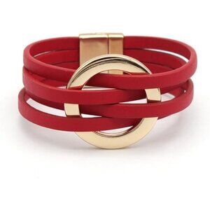 Red Charm Leather Wrap Strand Handmade Cuff Bracelets for Women Holiday Jewelry